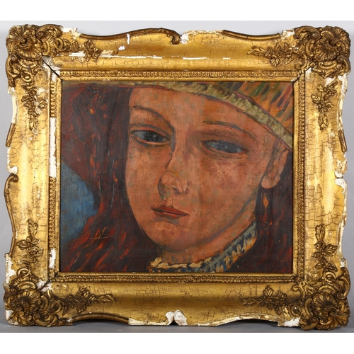 365 - 20th century portrait of a girl with red hair, oil on board, indistinctly signed, 35cm x 28cm, frame... 