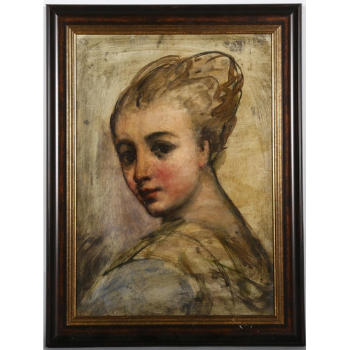 370 - Portrait of a young woman, oil on board, unsigned, 33cm x 48cm, framed