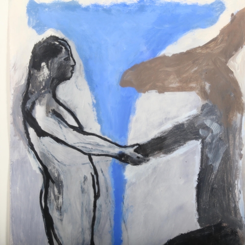 372 - Karen Caldicott, rabbit and man on blue, acrylics on paper, unsigned, label verso RCA Exhibition Jap... 