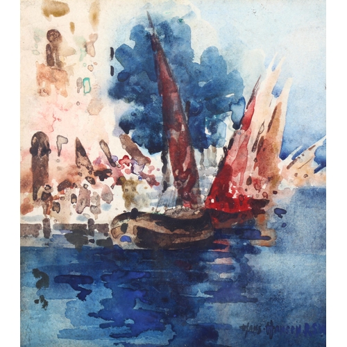 376 - Hans Hansen (1853 - 1923), moored barges, watercolour, 18cm x 16cm, framed