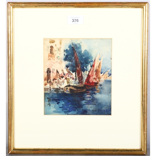 376 - Hans Hansen (1853 - 1923), moored barges, watercolour, 18cm x 16cm, framed