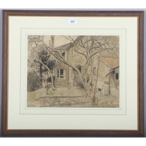 377 - Lawrence Josset (1910 - 1995), back garden of 4 Red Hill Chislehurst, watercolour, signed and dated ... 