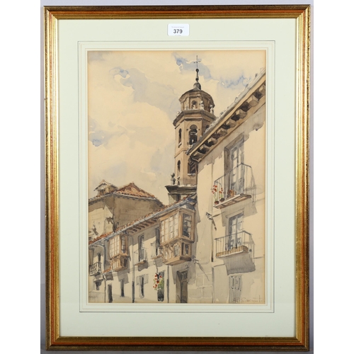 379 - Continental buildings, early 20th century watercolour, indistinctly signed, 46cm x 32cm, framed