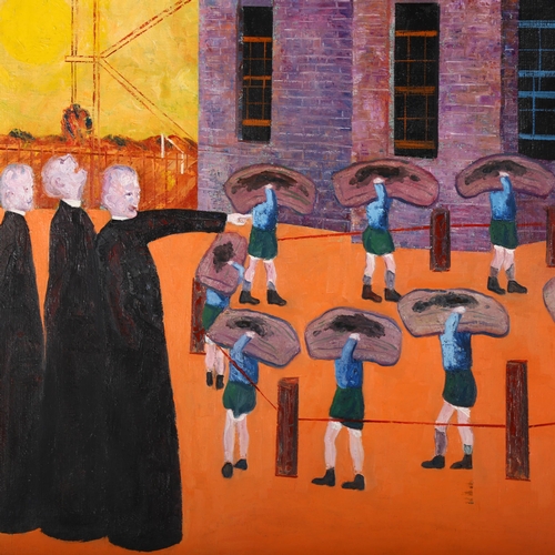 386 - John McDonnell, priests and young men, large format oil on canvas, signed and dated 1976, 102cm x 15... 