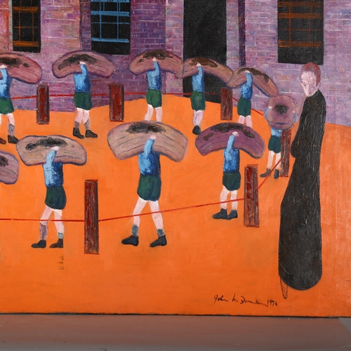 386 - John McDonnell, priests and young men, large format oil on canvas, signed and dated 1976, 102cm x 15... 