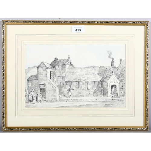 413 - Late Nineteenth Century English School, pen on card, Outside the Schoolhouse, 19cm x 30cm, unsigned,... 