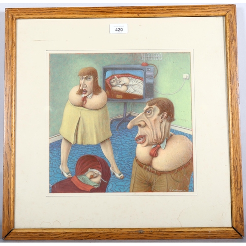 420 - R Robinson, From The Cradle To The Grave, watercolour, 1990, 30cm x 30cm, framed