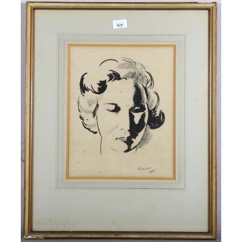 428 - Jacob Kramer (1892 - 1962), head portrait of a woman, ink/charcoal on paper, 1950, 34cm x 28cm, fram... 