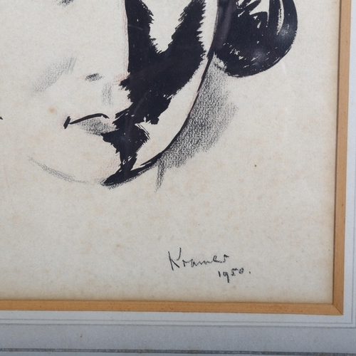 428 - Jacob Kramer (1892 - 1962), head portrait of a woman, ink/charcoal on paper, 1950, 34cm x 28cm, fram... 