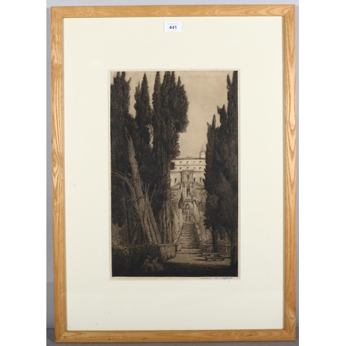 441 - Andrew Afflick, An Italian Garden, etching, signed in pencil, plate 44cm x 27cm, framed