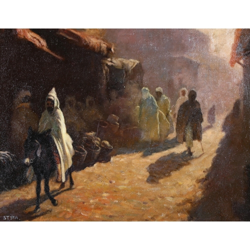 443 - North African street scene, contemporary oil on canvas laid on board, 34cm x 52cm, framed