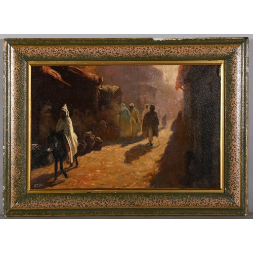 443 - North African street scene, contemporary oil on canvas laid on board, 34cm x 52cm, framed