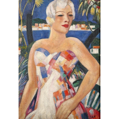 444 - Art Deco style portrait of a lady, contemporary oil on canvas laid on board mounted in embossed pewt... 