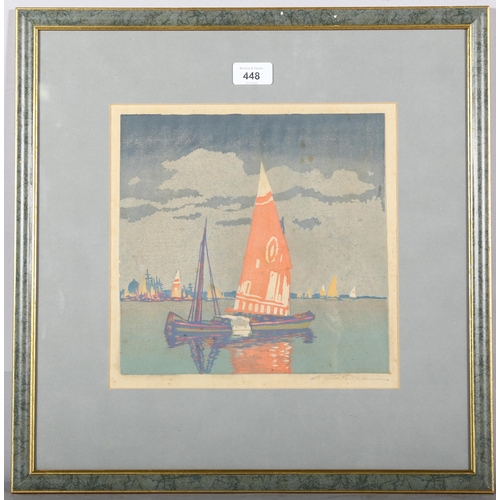 448 - Carl Thiemann, After Sunset, woodblock print, signed in pencil, image 25cm x 25cm, framed