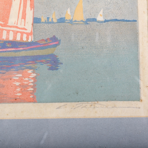 448 - Carl Thiemann, After Sunset, woodblock print, signed in pencil, image 25cm x 25cm, framed