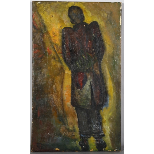 453 - Expressionist standing figure, oil on canvas, possibly refugee artist, indistinctly signed, dated 19... 