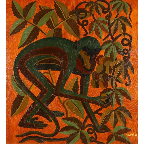 457 - Art Deco style monkey study, oil on wood panel, signed Mavuzis, 74cm x 68cm, framed