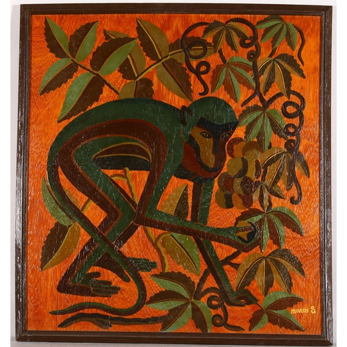 457 - Art Deco style monkey study, oil on wood panel, signed Mavuzis, 74cm x 68cm, framed