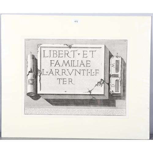 475 - Piranesi, stone tablet, engraving, plate 37cm x 50cm, mounted