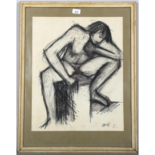 476 - Elena Gaputyte, girl from Normandy, charcoal sketch, 1961, 54cm x 42cm, framed