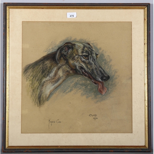 478 - Marjorie Cox, portrait of a Greyhound, 1972, charcoal/pastel on paper, 45cm x 44cm, framed