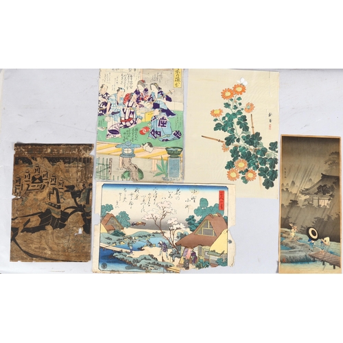 485 - 4 Japanese woodblock prints, and a Chinese watercolour on silk, blossom study (5)