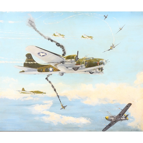 463 - Peter Caines, Second World War aerial dog fight with Memphis Belle, oil on board, signed, 50cm x 60c... 