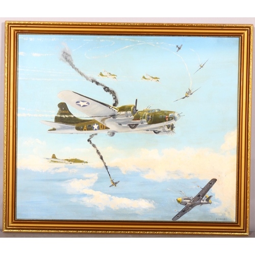 463 - Peter Caines, Second World War aerial dog fight with Memphis Belle, oil on board, signed, 50cm x 60c... 