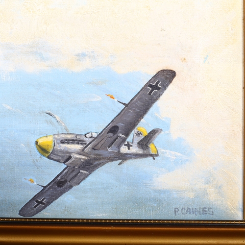 463 - Peter Caines, Second World War aerial dog fight with Memphis Belle, oil on board, signed, 50cm x 60c... 