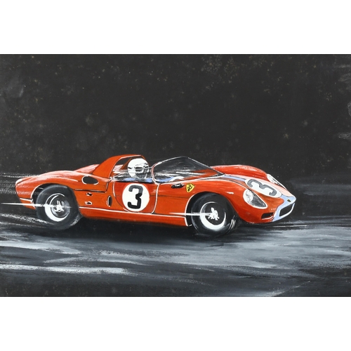 464 - Sylvia Smith, Ferrari 330P racing car, oil/gouache on board, dated May '66, 34cm x 44cm, framed