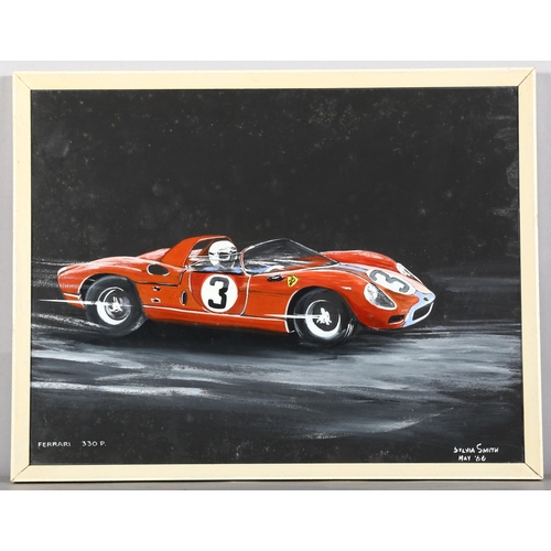 464 - Sylvia Smith, Ferrari 330P racing car, oil/gouache on board, dated May '66, 34cm x 44cm, framed