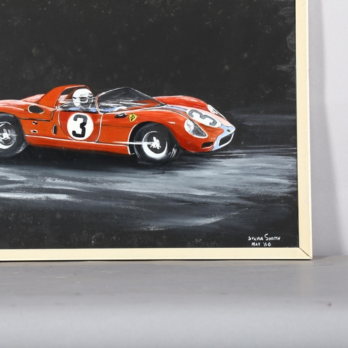 464 - Sylvia Smith, Ferrari 330P racing car, oil/gouache on board, dated May '66, 34cm x 44cm, framed