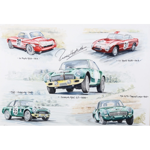 465 - Andy Danks, 5 x 1960s rally/racing cars, original watercolour dated 1990, with original autograph of... 