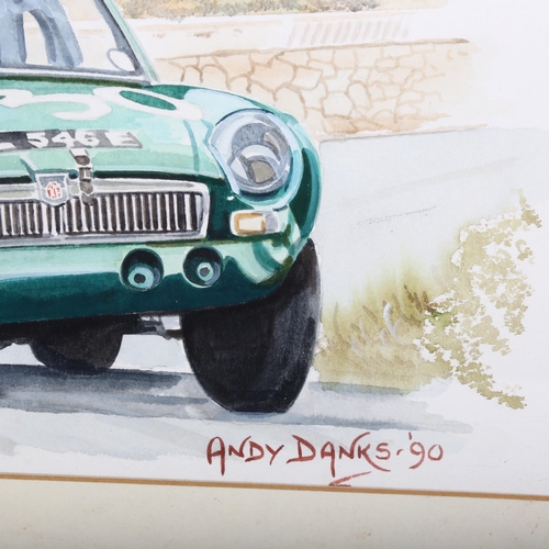 465 - Andy Danks, 5 x 1960s rally/racing cars, original watercolour dated 1990, with original autograph of... 