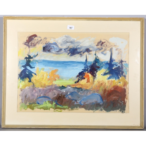 467 - Abstract landscape, mid-20th century gouache on paper, indistinctly signed, 43cm x 60cm, framed