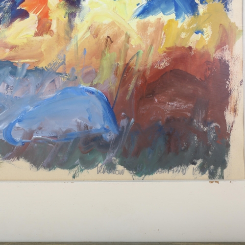 467 - Abstract landscape, mid-20th century gouache on paper, indistinctly signed, 43cm x 60cm, framed