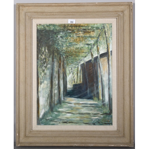 468 - A garden pergola, contemporary oil on board, unsigned, 54cm x 40cm, framed