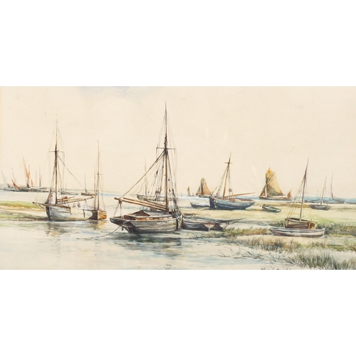 471 - Robert William Arthur Rouse (1867 - 1951), fishing boats at low tide, watercolour, 17cm x 31cm, fram... 