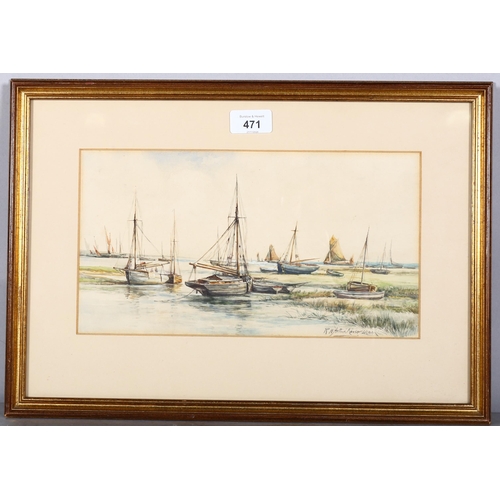 471 - Robert William Arthur Rouse (1867 - 1951), fishing boats at low tide, watercolour, 17cm x 31cm, fram... 