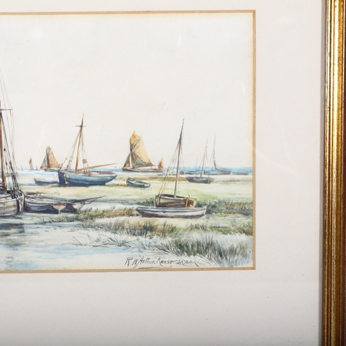 471 - Robert William Arthur Rouse (1867 - 1951), fishing boats at low tide, watercolour, 17cm x 31cm, fram... 