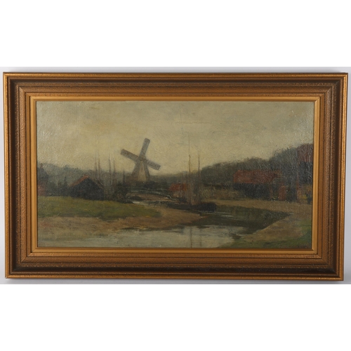 473 - The Mill at Rye, late 19th/early 20th century oil on canvas, indistinctly signed, 24cm x 44cm, frame... 