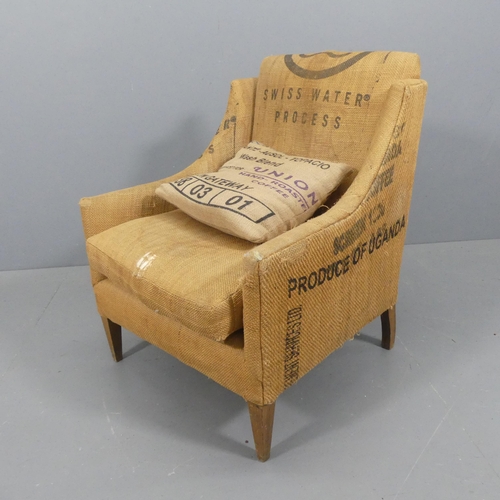 2205 - A 1930s oak parlour chair upholstered in hessian sacks.