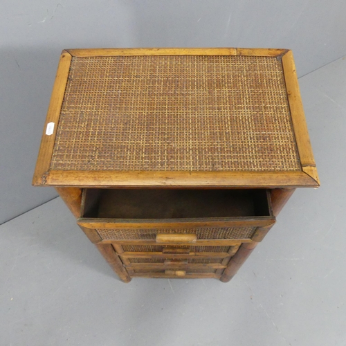 2124 - A modern faux-bamboo and rattan panelled chest of five drawers. Width 45cm, height 88cm, depth 30cm.