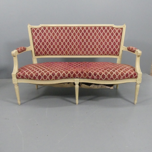 2129 - An early 20th century French painted wood and upholstered settee (for re-upholstery).