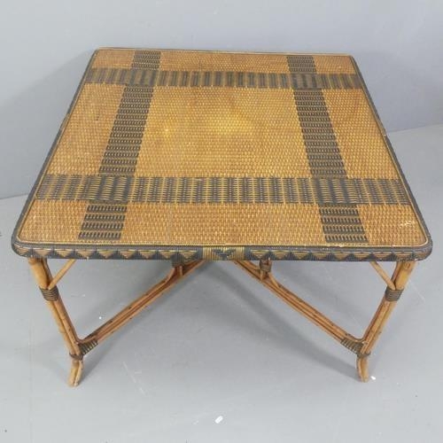 2164 - A mid-century French square rattan and bamboo conservatory dining table. Width 103cm, height 72cm.