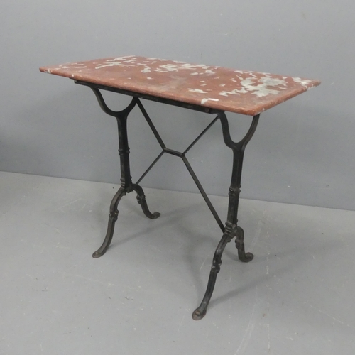 2167 - A rectangular pink marble-topped hall table on painted cast iron frame. Length 80cm, height 72cm, wi... 