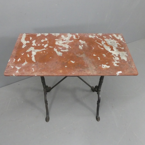 2167 - A rectangular pink marble-topped hall table on painted cast iron frame. Length 80cm, height 72cm, wi... 