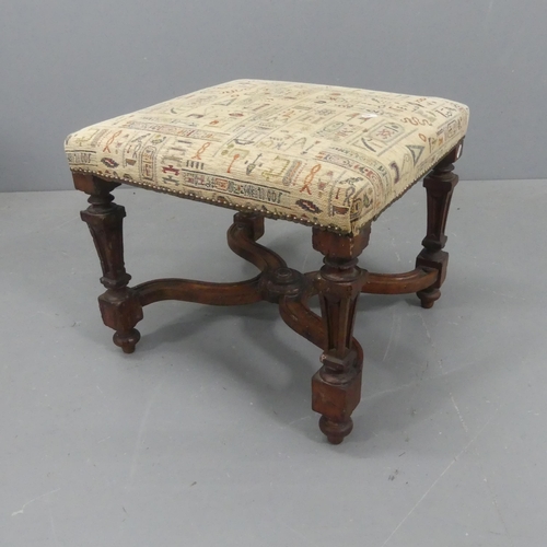 2171 - A French mahogany and upholstered footstool, with x-shaped stretcher and carved decoration. Width 53... 