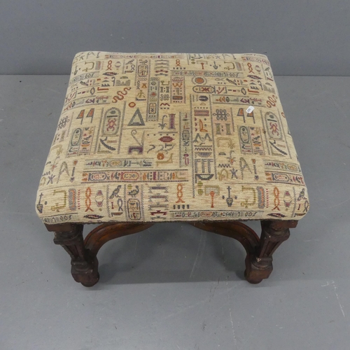 2171 - A French mahogany and upholstered footstool, with x-shaped stretcher and carved decoration. Width 53... 