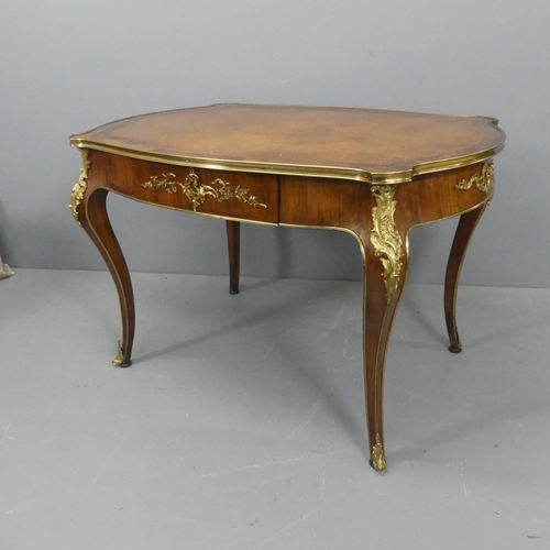 2174 - A French walnut library table, early to mid-20th century, with shaped top, single frieze drawer on c... 